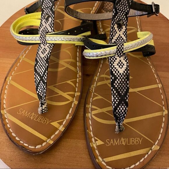 Sam & Libby Neon Yellow/Black Multicolor Flat Summer Sandals 9.5 - Picture 2 of 6